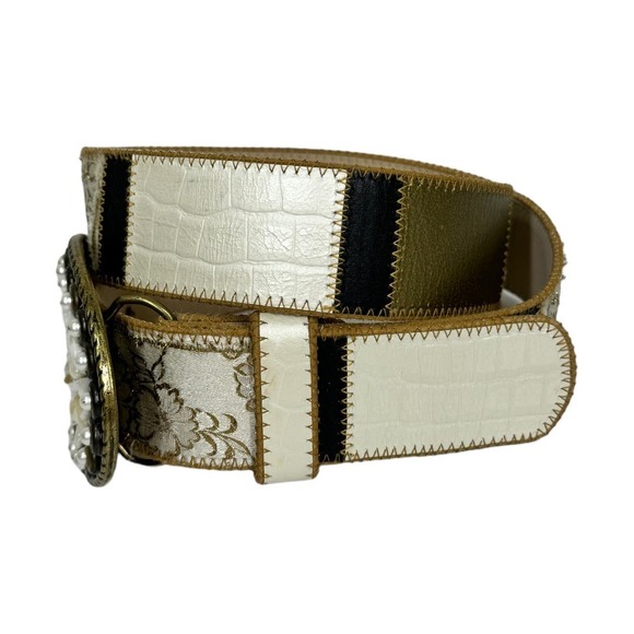 Vintage Elite Leather Patchwork Belt Medium Stone Embellished Buckle Neutral - Picture 2 of 6